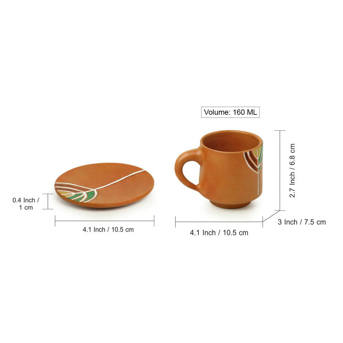 'Shades of a Leaf' Handpainted Terracotta Coffee & Tea Cups With Saucers (Set of 4, 160 ml)