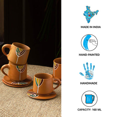 'Shades of a Leaf' Handpainted Terracotta Coffee & Tea Cups With Saucers (Set of 4, 160 ml)