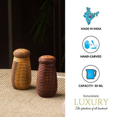 'Ripples of Wood' Handcrafted Salt & Pepper Shakers In Mango & Sheesham Wood (Set of 2, 50 ML)