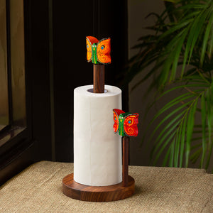 Brown - 'Vibrant Flutter' Handcrafted Kitchen Tissue Roll Holder In Sheesham Wood