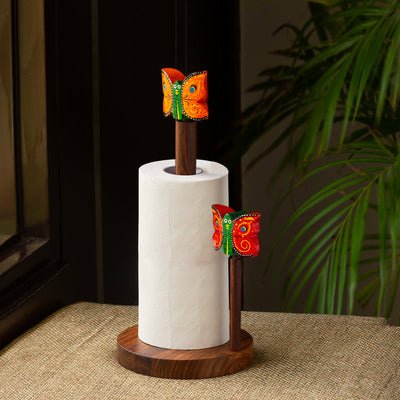 Brown - 'Vibrant Flutter' Handcrafted Kitchen Tissue Roll Holder In Sheesham Wood