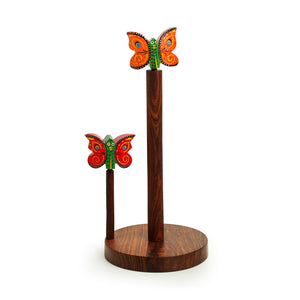 Brown - 'Vibrant Flutter' Handcrafted Kitchen Tissue Roll Holder In Sheesham Wood