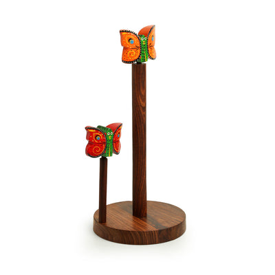 Brown - 'Vibrant Flutter' Handcrafted Kitchen Tissue Roll Holder In Sheesham Wood
