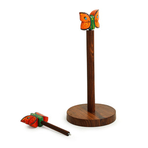 Brown - 'Vibrant Flutter' Handcrafted Kitchen Tissue Roll Holder In Sheesham Wood