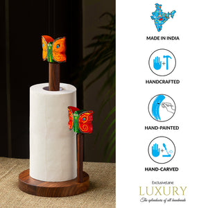 Brown - 'Vibrant Flutter' Handcrafted Kitchen Tissue Roll Holder In Sheesham Wood