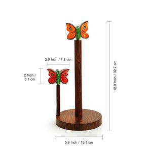 Brown - 'Vibrant Flutter' Handcrafted Kitchen Tissue Roll Holder In Sheesham Wood