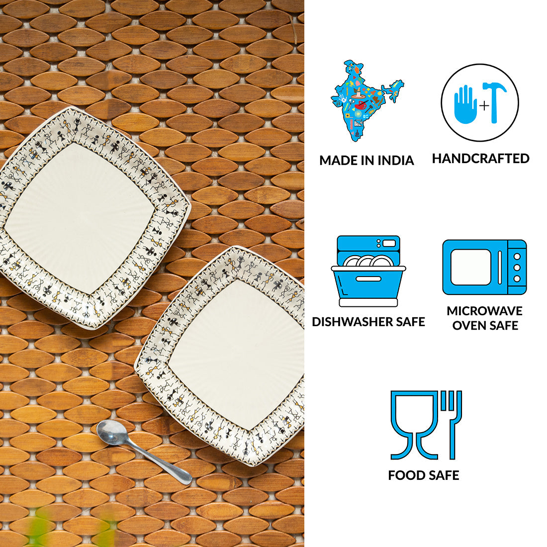 'Whispers of Warli' Handcrafted Ceramic Side/Quarter Plates (Set of 2, 7 Inches, Microwave Safe)