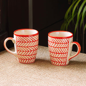 'Red Chevrons' Handpainted Ceramic Tea & Coffee Mugs (Set of 2, 260 ML, Microwave Safe)