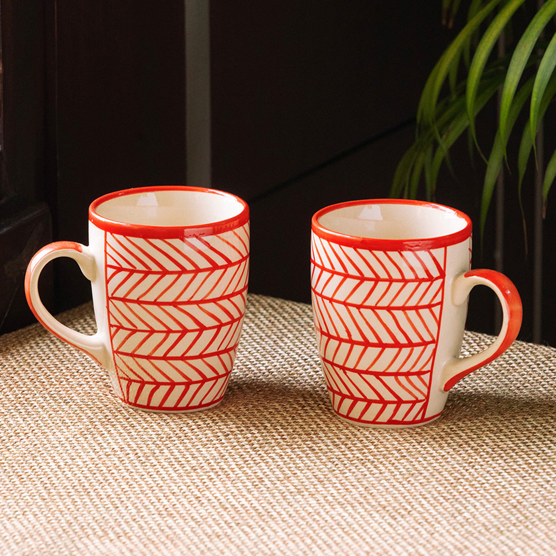 'Red Chevrons' Handpainted Ceramic Tea & Coffee Mugs (Set of 2, 260 ML, Microwave Safe)