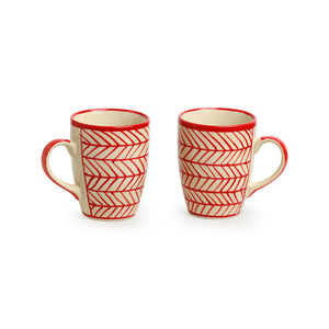 'Red Chevrons' Handpainted Ceramic Tea & Coffee Mugs (Set of 2, 260 ML, Microwave Safe)
