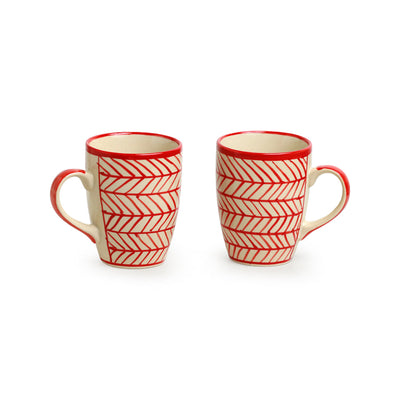 'Red Chevrons' Handpainted Ceramic Tea & Coffee Mugs (Set of 2, 260 ML, Microwave Safe)