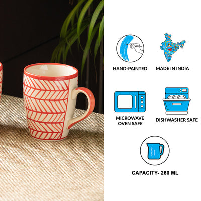 'Red Chevrons' Handpainted Ceramic Tea & Coffee Mugs (Set of 2, 260 ML, Microwave Safe)
