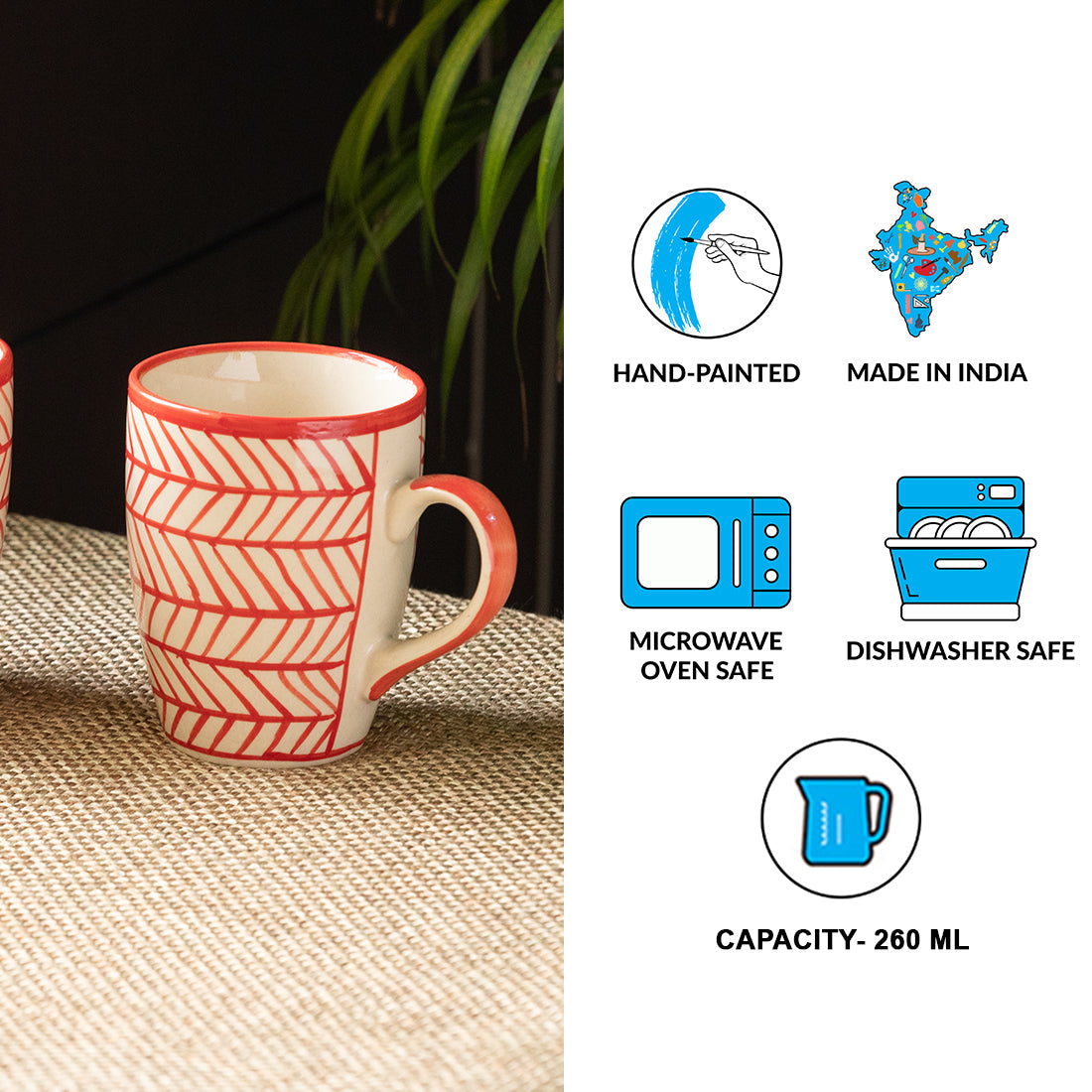 'Red Chevrons' Handpainted Ceramic Tea & Coffee Mugs (Set of 2, 260 ML, Microwave Safe)