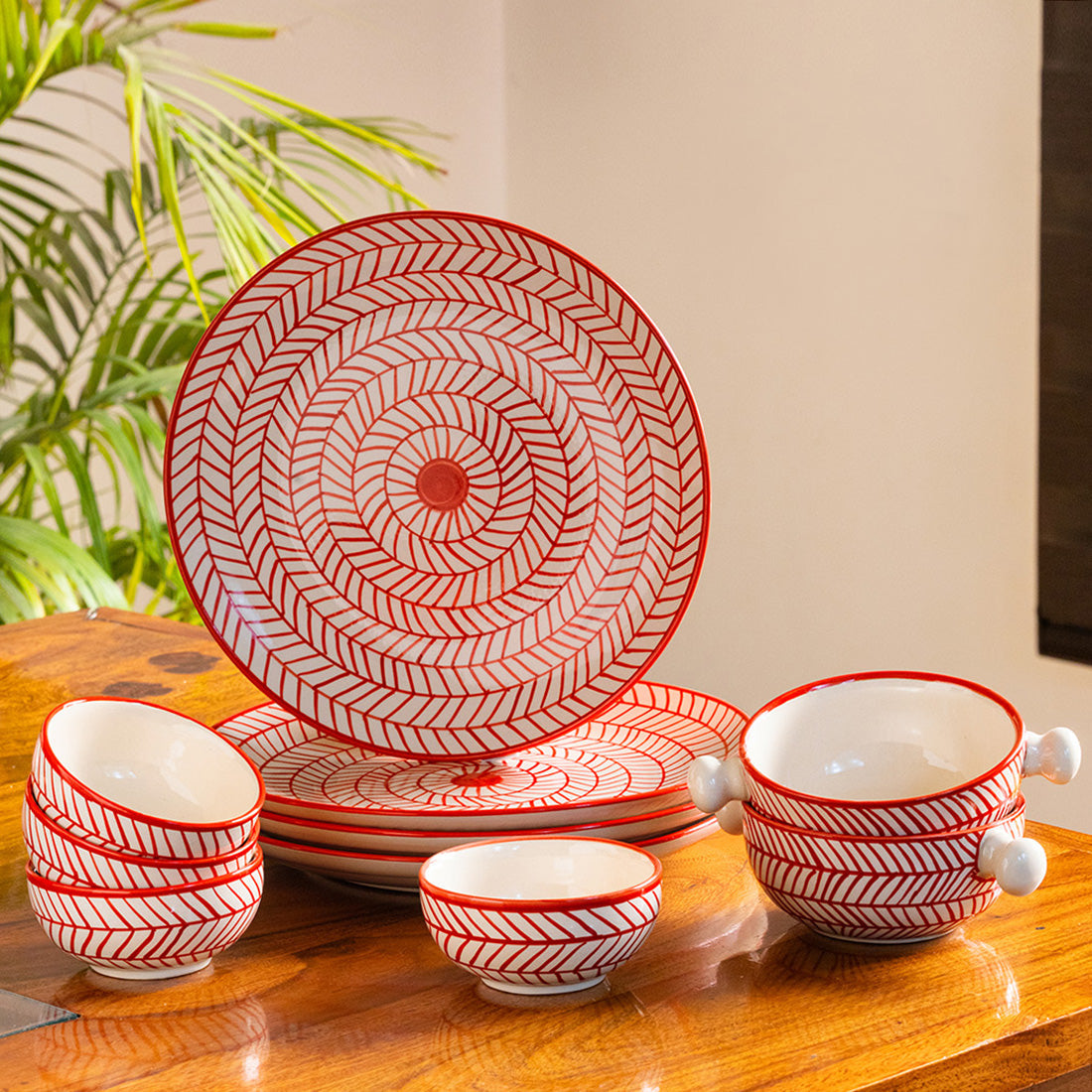 'Red Chevrons' Handpainted  Ceramic Dinner Plates With Serving Bowls & Katoris (10 Pieces, Serving for 4, Microwave Safe)