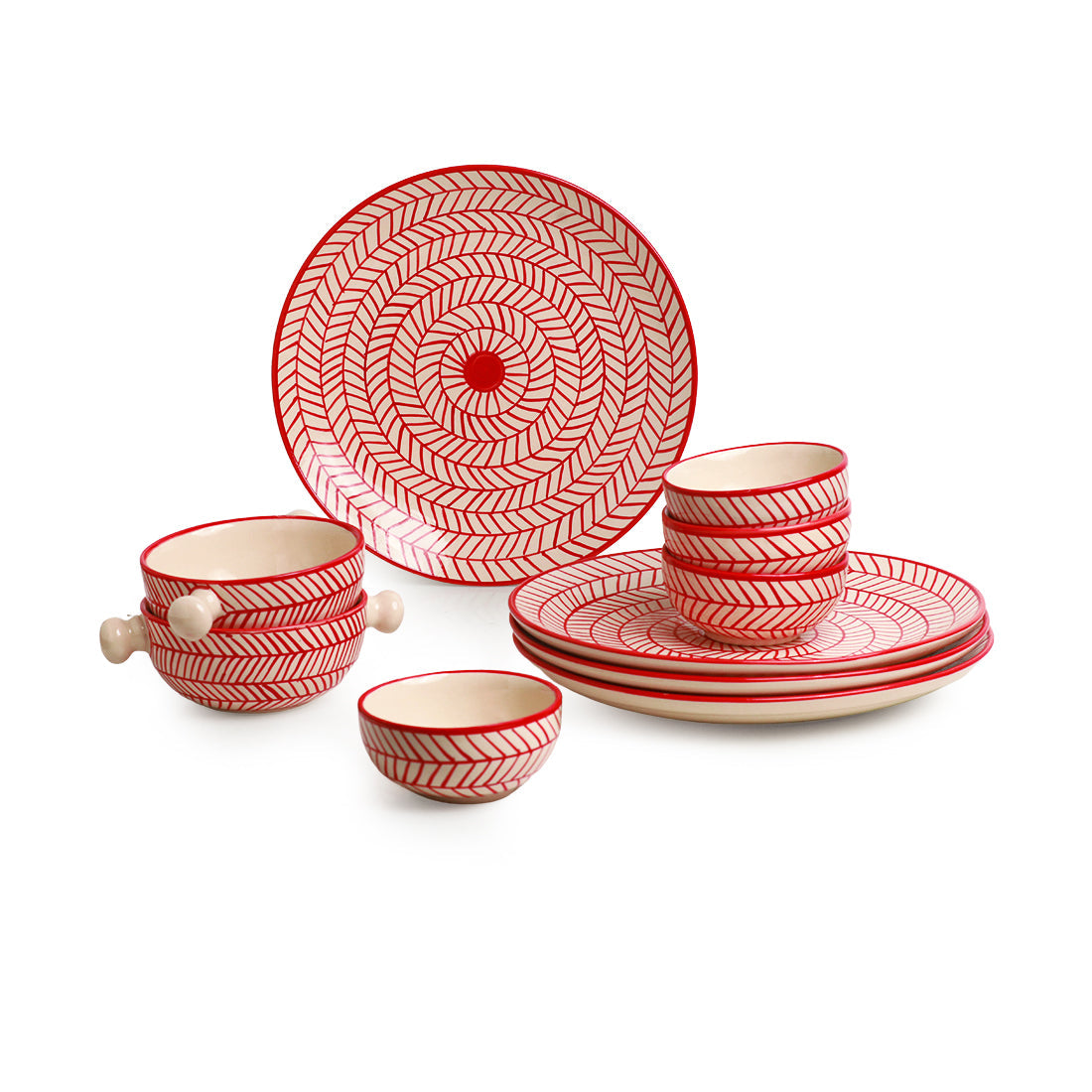 'Red Chevrons' Handpainted  Ceramic Dinner Plates With Serving Bowls & Katoris (10 Pieces, Serving for 4, Microwave Safe)