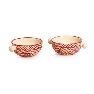 'Red Chevrons' Handpainted  Ceramic Dinner Plates With Serving Bowls & Katoris (10 Pieces, Serving for 4, Microwave Safe)
