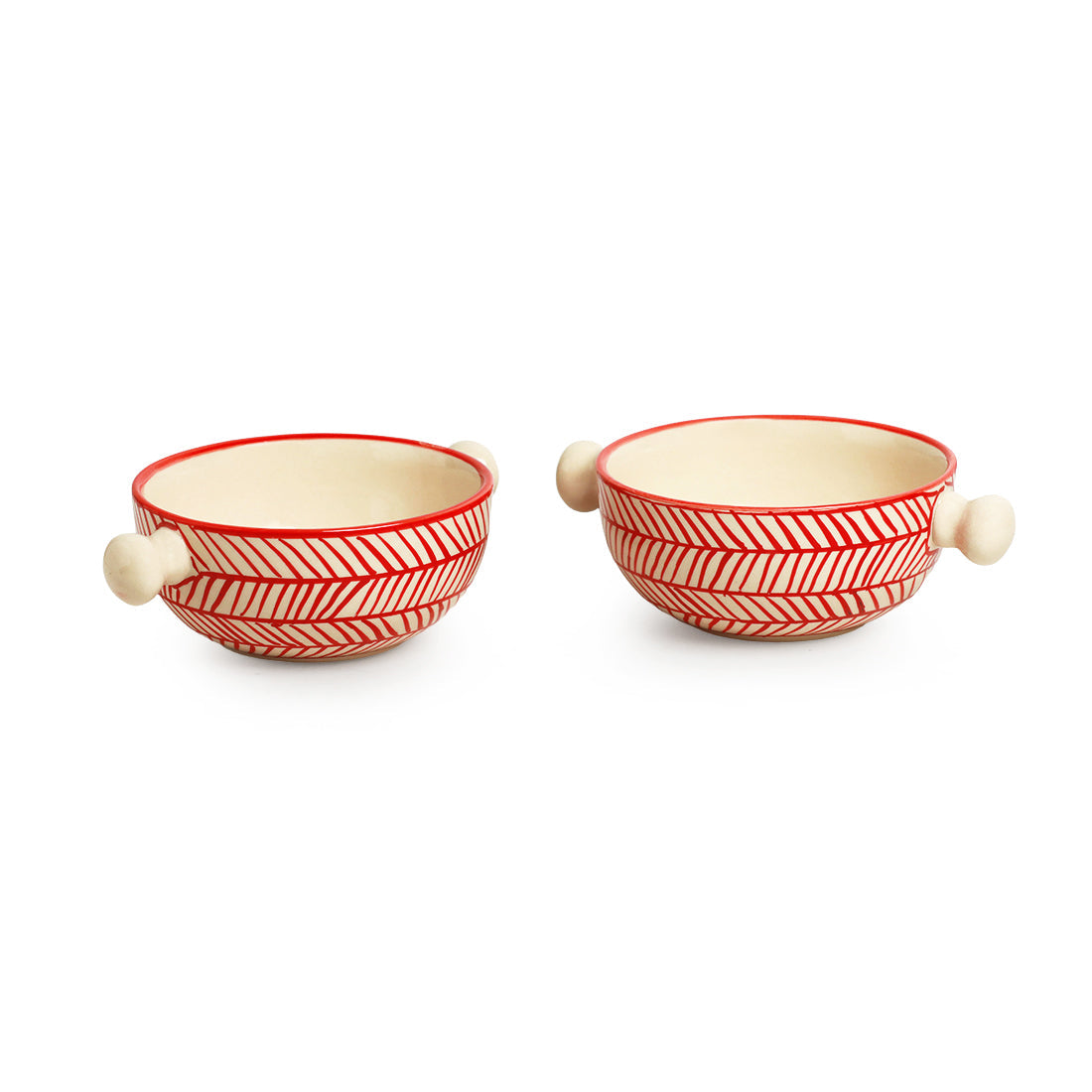'Red Chevrons' Handpainted  Ceramic Dinner Plates With Serving Bowls & Katoris (10 Pieces, Serving for 4, Microwave Safe)