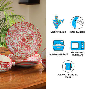 'Red Chevrons' Handpainted  Ceramic Dinner Plates With Serving Bowls & Katoris (10 Pieces, Serving for 4, Microwave Safe)