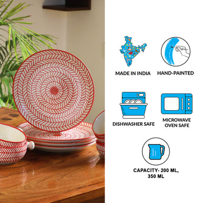 'Red Chevrons' Handpainted  Ceramic Dinner Plates With Serving Bowls & Katoris (10 Pieces, Serving for 4, Microwave Safe)