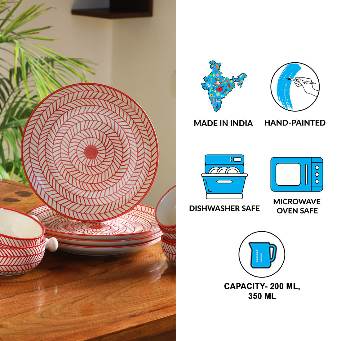 'Red Chevrons' Handpainted  Ceramic Dinner Plates With Serving Bowls & Katoris (10 Pieces, Serving for 4, Microwave Safe)