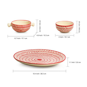 'Red Chevrons' Handpainted  Ceramic Dinner Plates With Serving Bowls & Katoris (10 Pieces, Serving for 4, Microwave Safe)