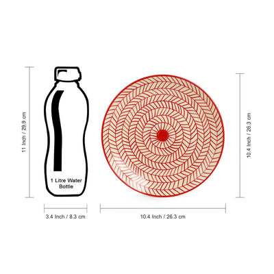'Red Chevrons' Handpainted  Ceramic Dinner Plates With Serving Bowls & Katoris (10 Pieces, Serving for 4, Microwave Safe)