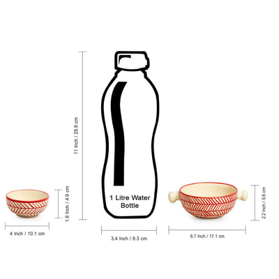 'Red Chevrons' Handpainted  Ceramic Dinner Plates With Serving Bowls & Katoris (10 Pieces, Serving for 4, Microwave Safe)