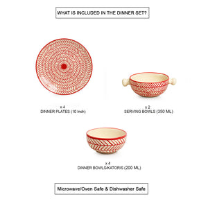 'Red Chevrons' Handpainted  Ceramic Dinner Plates With Serving Bowls & Katoris (10 Pieces, Serving for 4, Microwave Safe)