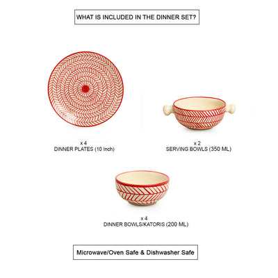 'Red Chevrons' Handpainted  Ceramic Dinner Plates With Serving Bowls & Katoris (10 Pieces, Serving for 4, Microwave Safe)