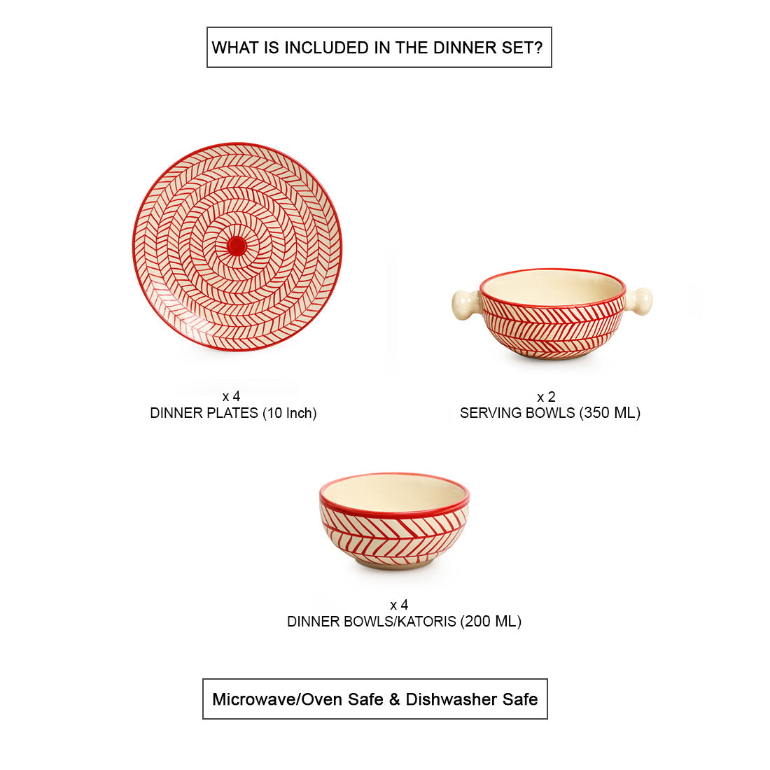 'Red Chevrons' Handpainted  Ceramic Dinner Plates With Serving Bowls & Katoris (10 Pieces, Serving for 4, Microwave Safe)