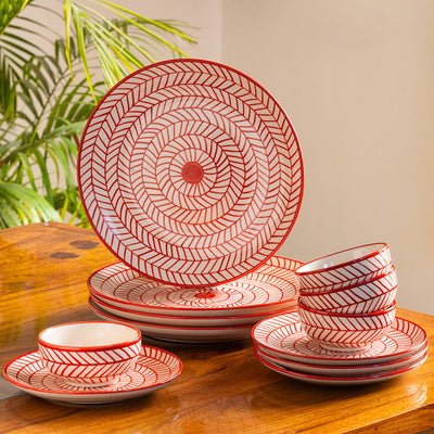 'Red Chevrons' Handpainted Ceramic Dinner Plates, Side/Quarter Plates & Dinner Katoris (12 Pieces, Serving for 4, Microwave Safe)