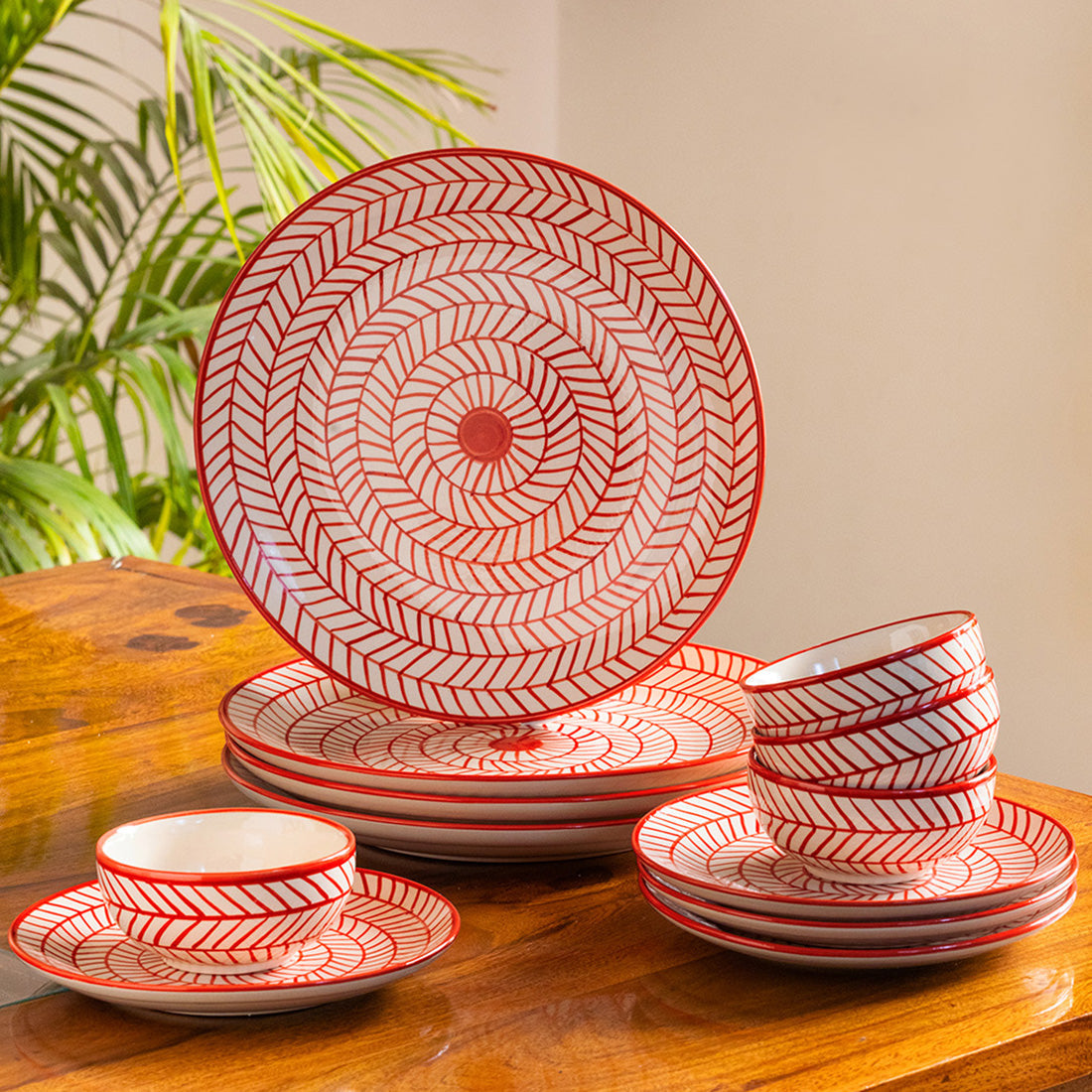 'Red Chevrons' Handpainted Ceramic Dinner Plates, Side/Quarter Plates & Dinner Katoris (12 Pieces, Serving for 4, Microwave Safe)