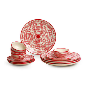 'Red Chevrons' Handpainted Ceramic Dinner Plates, Side/Quarter Plates & Dinner Katoris (12 Pieces, Serving for 4, Microwave Safe)