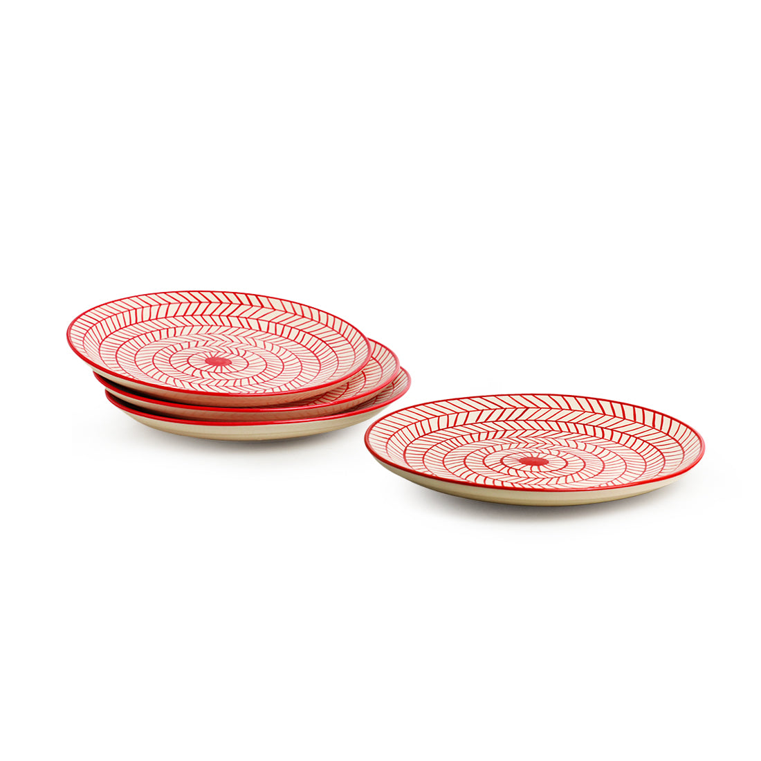 'Red Chevrons' Handpainted Ceramic Dinner Plates, Side/Quarter Plates & Dinner Katoris (12 Pieces, Serving for 4, Microwave Safe)