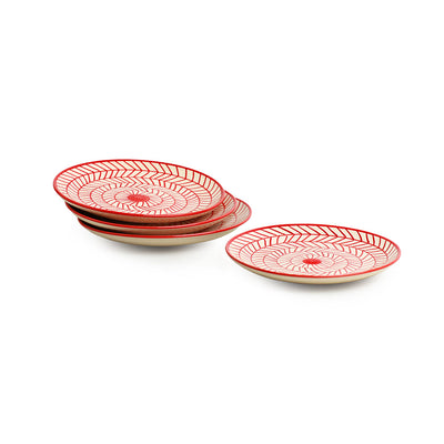 'Red Chevrons' Handpainted Ceramic Dinner Plates, Side/Quarter Plates & Dinner Katoris (12 Pieces, Serving for 4, Microwave Safe)
