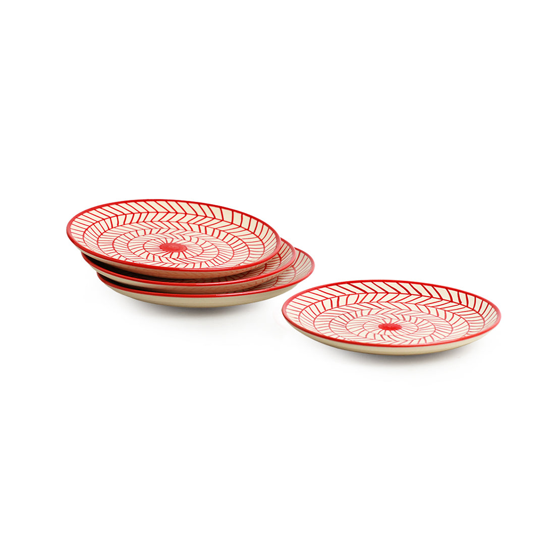 'Red Chevrons' Handpainted Ceramic Dinner Plates, Side/Quarter Plates & Dinner Katoris (12 Pieces, Serving for 4, Microwave Safe)