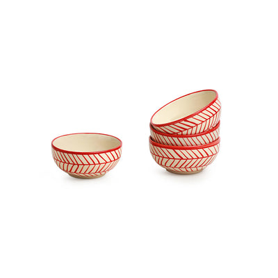 'Red Chevrons' Handpainted Ceramic Dinner Plates, Side/Quarter Plates & Dinner Katoris (12 Pieces, Serving for 4, Microwave Safe)