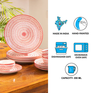 'Red Chevrons' Handpainted Ceramic Dinner Plates, Side/Quarter Plates & Dinner Katoris (12 Pieces, Serving for 4, Microwave Safe)