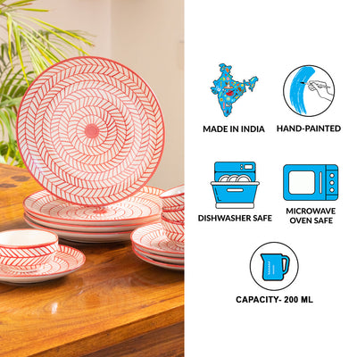 'Red Chevrons' Handpainted Ceramic Dinner Plates, Side/Quarter Plates & Dinner Katoris (12 Pieces, Serving for 4, Microwave Safe)