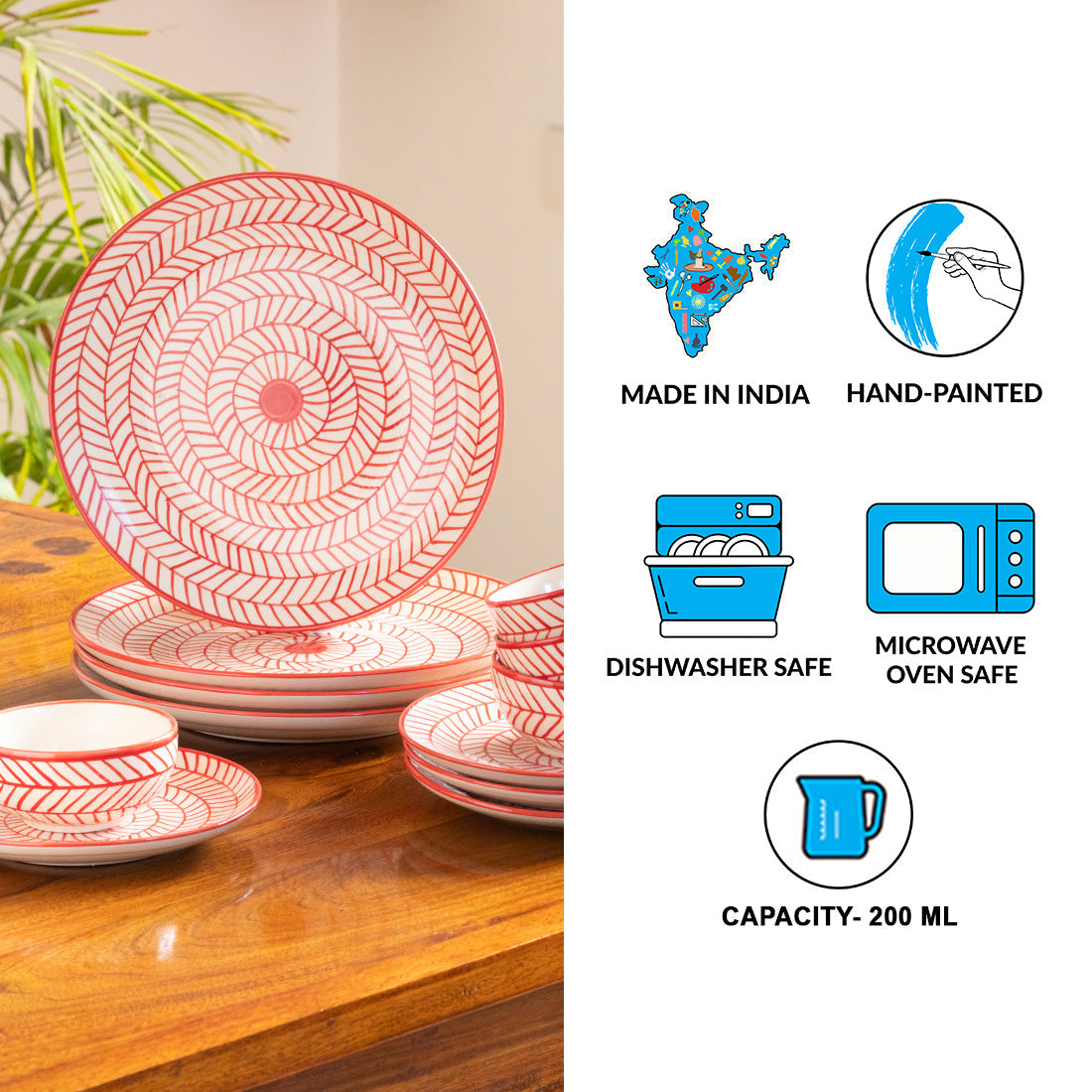 'Red Chevrons' Handpainted Ceramic Dinner Plates, Side/Quarter Plates & Dinner Katoris (12 Pieces, Serving for 4, Microwave Safe)