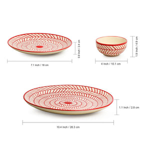 'Red Chevrons' Handpainted Ceramic Dinner Plates, Side/Quarter Plates & Dinner Katoris (12 Pieces, Serving for 4, Microwave Safe)