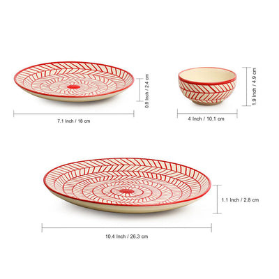 'Red Chevrons' Handpainted Ceramic Dinner Plates, Side/Quarter Plates & Dinner Katoris (12 Pieces, Serving for 4, Microwave Safe)
