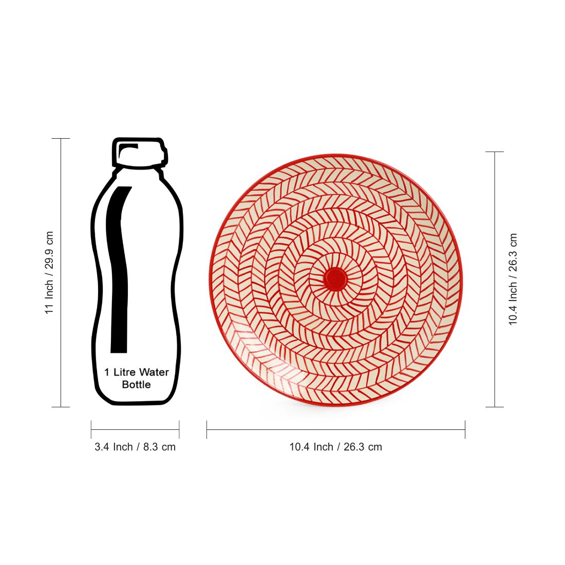 'Red Chevrons' Handpainted Ceramic Dinner Plates, Side/Quarter Plates & Dinner Katoris (12 Pieces, Serving for 4, Microwave Safe)