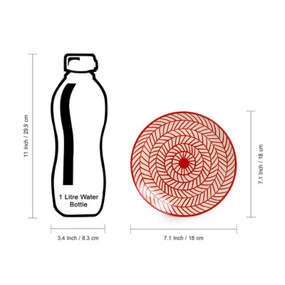 'Red Chevrons' Handpainted Ceramic Dinner Plates, Side/Quarter Plates & Dinner Katoris (12 Pieces, Serving for 4, Microwave Safe)