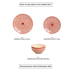 'Red Chevrons' Handpainted Ceramic Dinner Plates, Side/Quarter Plates & Dinner Katoris (12 Pieces, Serving for 4, Microwave Safe)