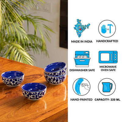 'Badamwari Bagheecha-2' Handpainted Ceramic Dinner Bowls/Katoris (Set of 4, 220 ML, Microwave Safe)