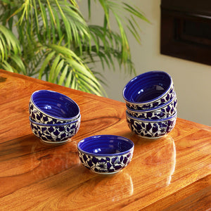 'Badamwari Bagheecha-2' Handpainted Ceramic Dinner Bowls/Katoris (Set of 6, 220 ML, Microwave Safe)