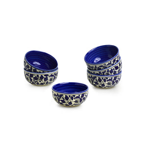 'Badamwari Bagheecha-2' Handpainted Ceramic Dinner Bowls/Katoris (Set of 6, 220 ML, Microwave Safe)