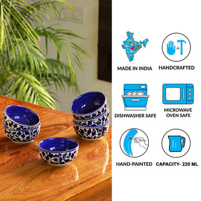 'Badamwari Bagheecha-2' Handpainted Ceramic Dinner Bowls/Katoris (Set of 6, 220 ML, Microwave Safe)