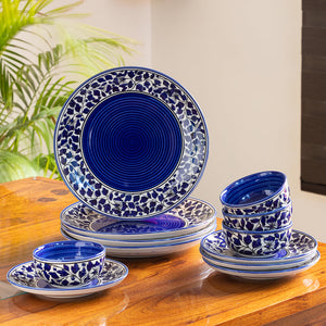 'Badamwari Bagheecha-2' Handpainted Ceramic Dinner Plates With Side/Quarter Plates & Dinner Katoris (12 Pieces, Serving for 4, Microwave Safe)